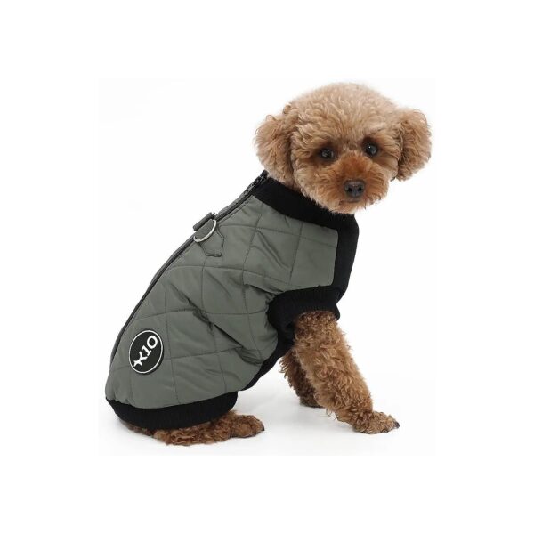 Olive Green Quiltee Coat with Built-in Harness and D Ring Leash Ring for Small Dogs