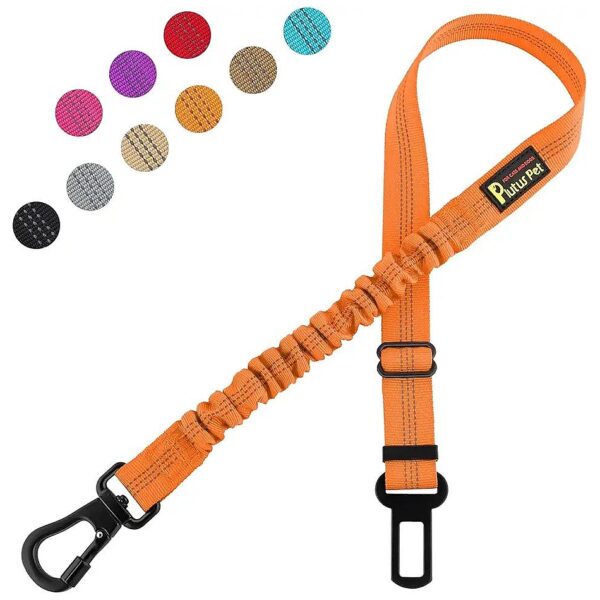 Orange Adjustable Dog Seatbelt with Carabiner Clip and Elastic Bungee for Safe Car Rides