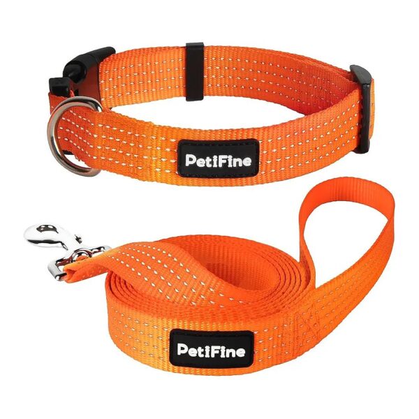 Orange Adjustable Reflective Nylon Dog Collar with Leash Suits Small Medium Large Dogs