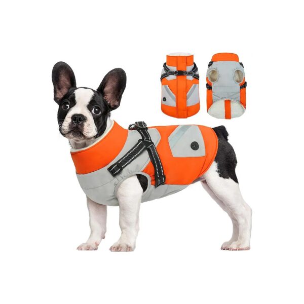 Orange Dog Winter Coat with Two Pockets and Built-In Harness for Large Breed Dogs