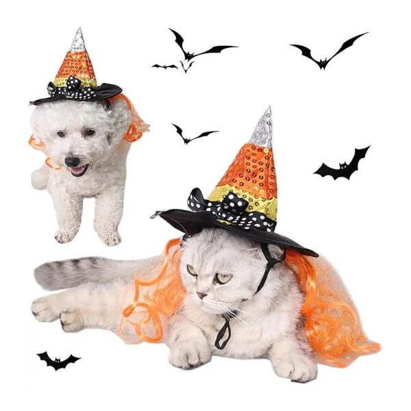 Orange Wig Wizard Hat for Dogs Cats Adjustable Size Halloween Party Accessory Costume