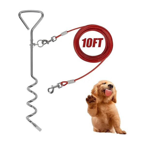 Outdoor Dog Stake Tie Out Cable 16-ft for Medium to Large Dogs Up to 125 Lbs Red