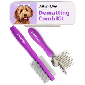 Painless Dematting Tool Kit for Dogs and Cats with Serrated Rake Comb and Dual-Side Comb