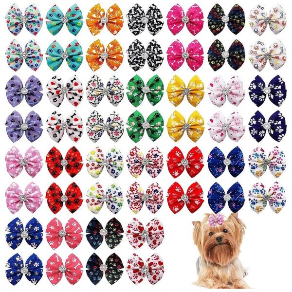 Paw Pattern Dog Hair Bows Set with Rubber Bands for Small Medium Dogs Cats Puppy Shih Tzu