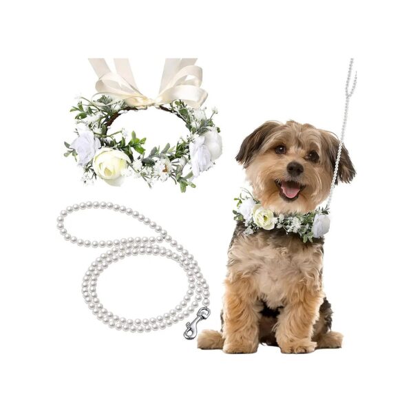 Pearls Beaded Dog Leash and Flower Collar Wedding Set for Small Dogs