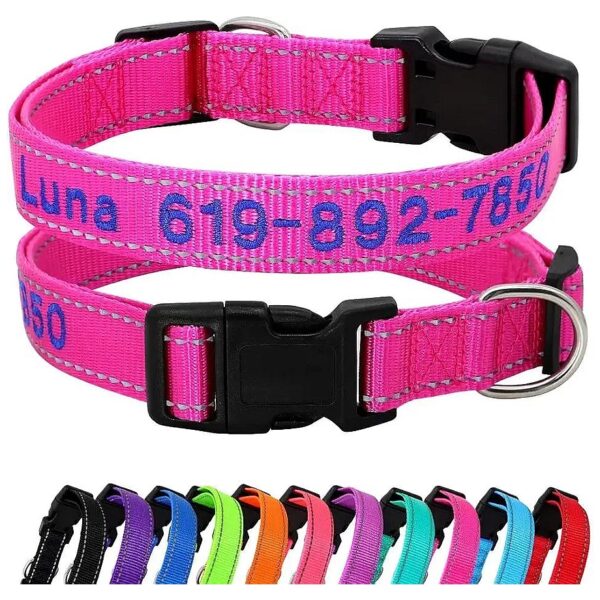 Personalized Hot Pink Nylon Dog Collar with Four Adjustable Sizes for Comfort