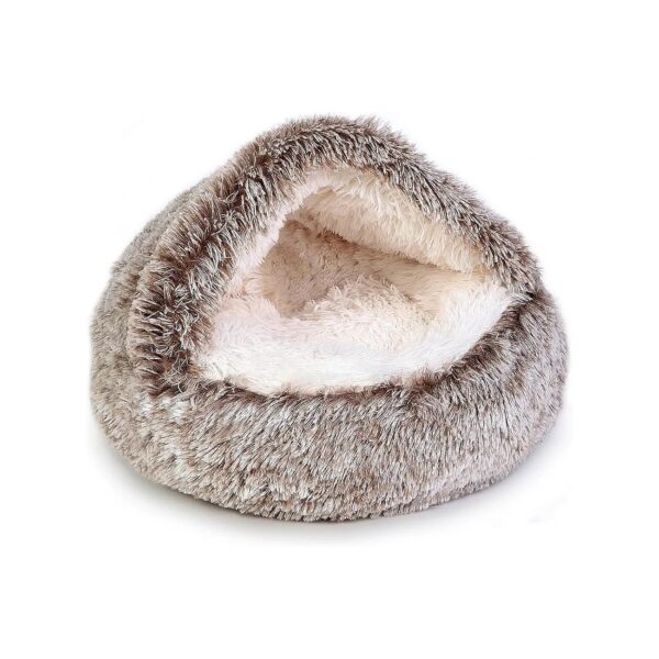 Pet Bed with Cozy Hooded Cave and Long-Haired Plush Lining for Small Cats and Dogs