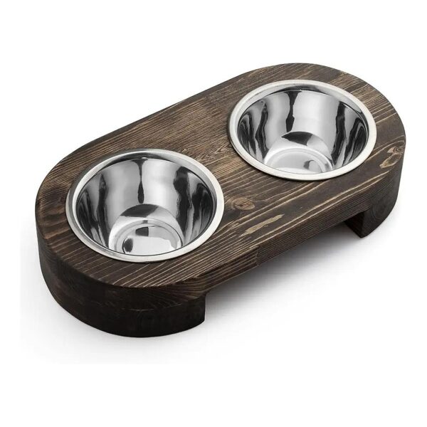 Pet Food Bowls with Non-Skid Wooden Stand for Small Dogs and Cats in Stainless Steel