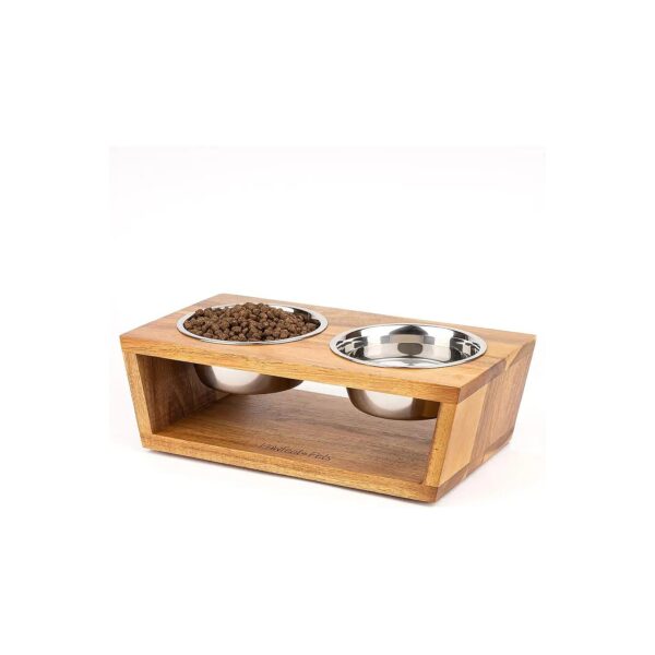 Pet Food and Water Bowl Set for Small Dogs and Indoor Cats with Acacia Raised Bowls