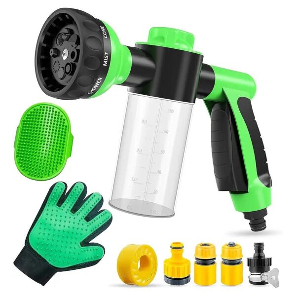 Pet Grooming and Bathing Kit with Wash Hose Attachment, Foam Sprayer, and Grooming Glove