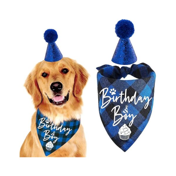 Pet Puppy Dog Large Neck Bandana Scarf with Birthday Party Hat in Blue Plaid Pattern