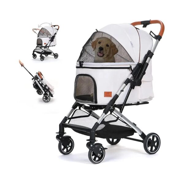 Pet Stroller for Small Medium Dogs Cats with Reversible Handle No Zipper Entry White