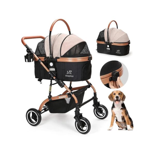 Pet Stroller with Rear Storage Basket and Seat Belt Plug for Easy Travel and Storage