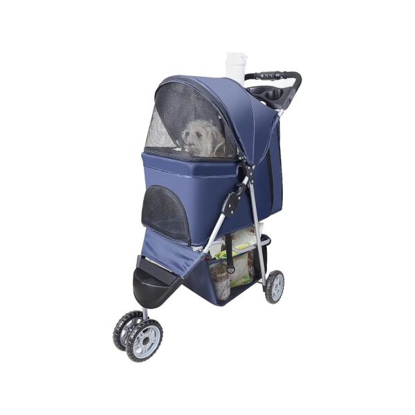 Pet Stroller with Sun Shade Cup Holder and Mesh Window for Comfortable Travel