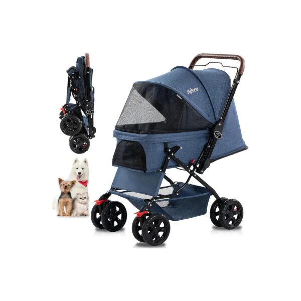 Pet Stroller with Weather Cover and Storage Basket for Small to Medium Size Dogs and Cats