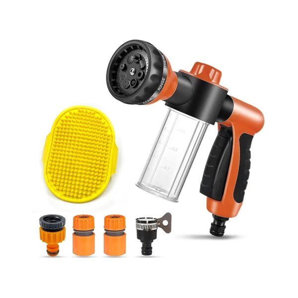 Pet Wash Hose Nozzle with Soap Dispenser and Foam Sprayer Orange