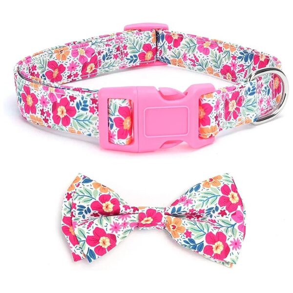 Pink Adjustable Dog Collar with Soft Bowtie and Comfortable Cotton Straps