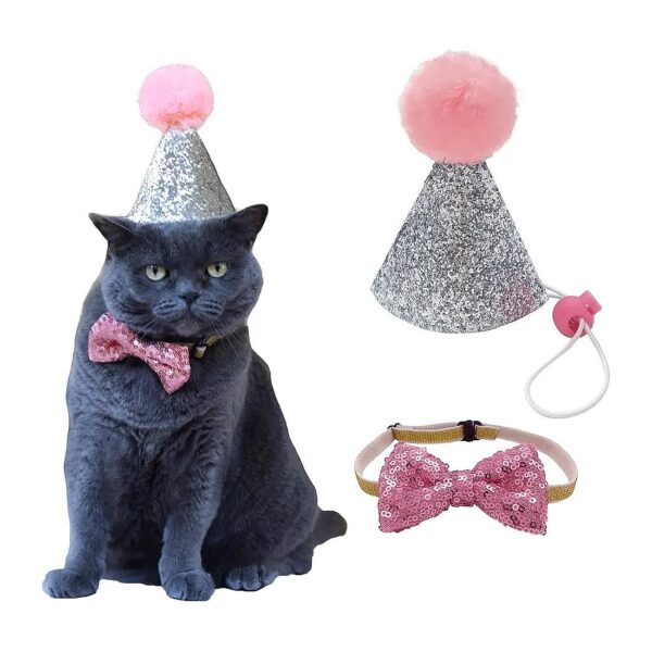 Pink Cat Birthday Accessories Hat and Bow Tie Set for Small Cats