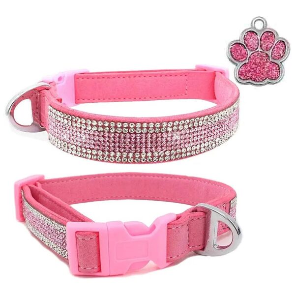 Pink Crystal Collar for Small Dogs with Adjustable Size and Soft Suede Material