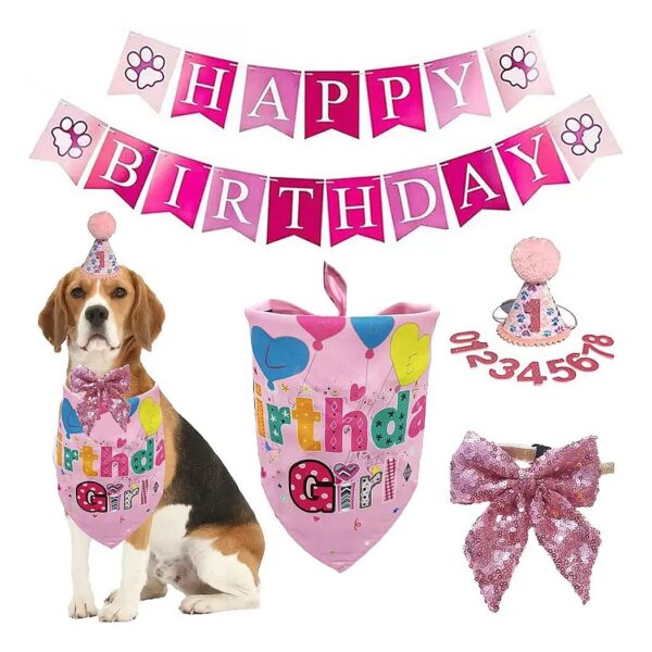 Pink Dog Bandana Hat with Numbered Scarf for Happy Birthday Parties