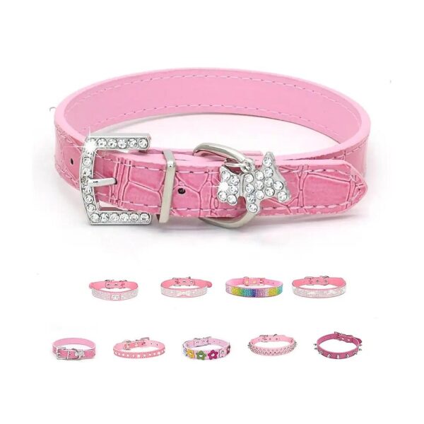 Pink Dog Collars with Flowers and Crystal Diamonds for Small Medium Dogs and Cats