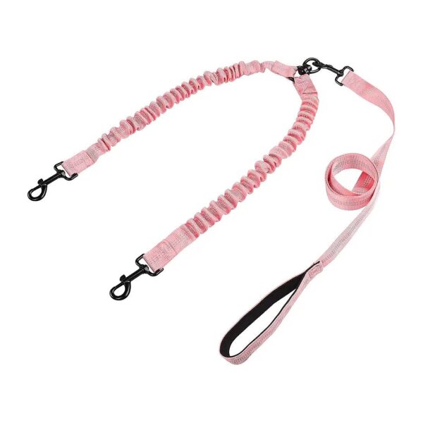 Pink Dog Leash for Two Puppies or Small Dogs with Reflective Stitching and Soft Handles