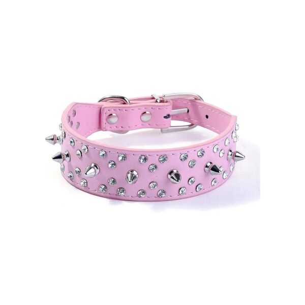 Pink Faux Leather Dog Collar with Bullet Rivets and Rhinestones for Medium Dogs