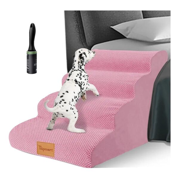 Pink Foam Dog Steps 4 Tiers for Older Dogs with Joint Pain