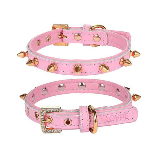 Pink Leather Pet Collar with Golden Spikes and Rhinestone Buckle for Cats and Small Dogs