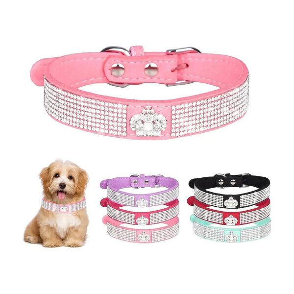 Pink Microfiber Puppy Collars with Rhinestone Crown Design for Small to Medium Sized Pets