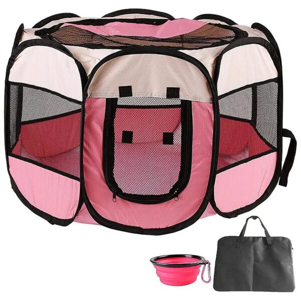 Pink Pet Playpen with Complimentary Travel Bowl and Carrying Bag for Easy Portability