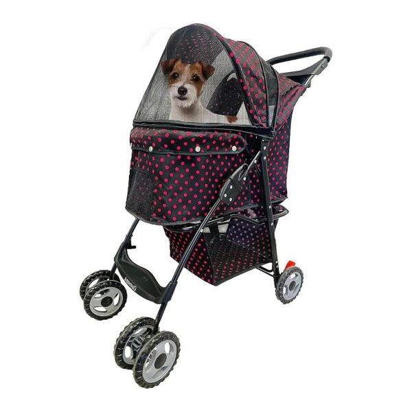 Pink Polka Dot Pet Stroller with Storage Basket and Folding Design for Easy Travel