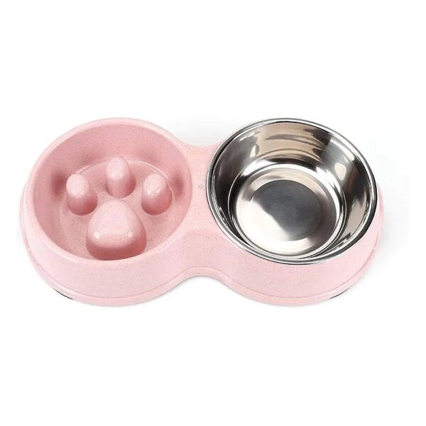 Pink Slow Feeder Bowl for Cats and Dogs with Nonslip Bottom, Double Pet Food Water Feeder