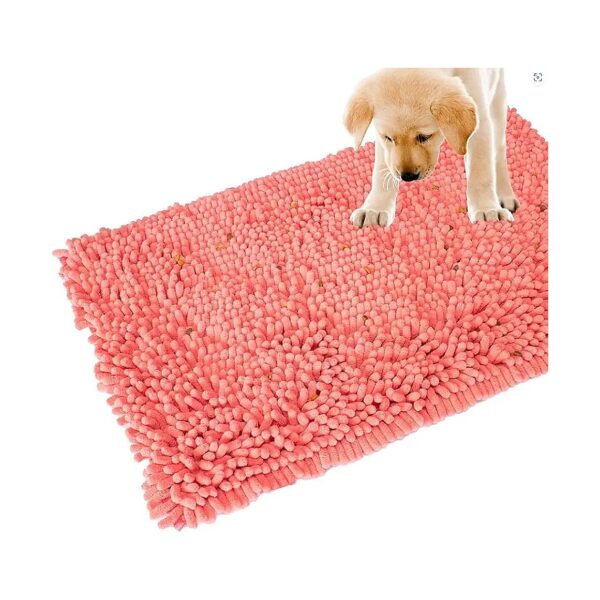 Pink Slow Feeding Mat for Dogs with Chenille Microfiber Surface and Treat Dispenser