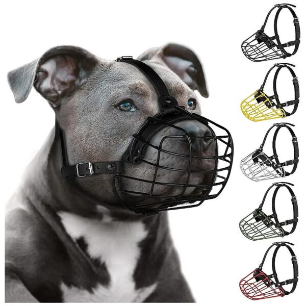 Pitbull and Amstaff Muzzle Dog Mask with Wire Basket Leather Straps for Large Dogs Black