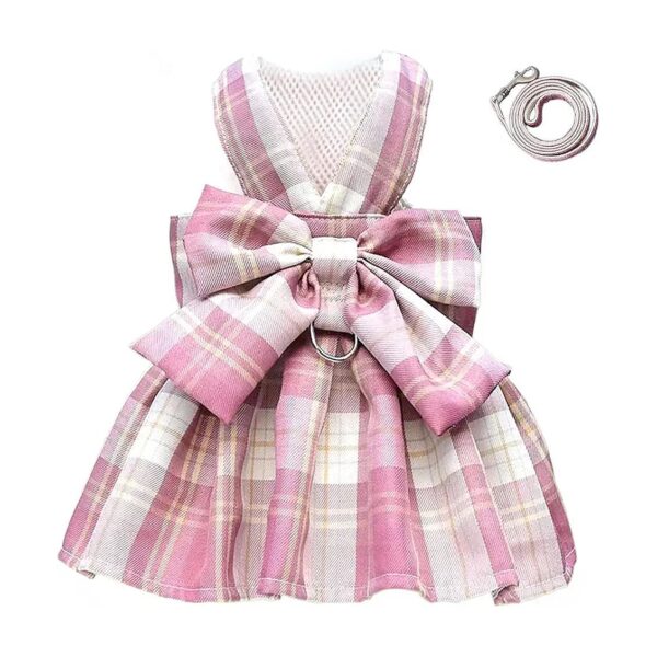 Plaid Dog Dress with Bow Tie Harness and Leash Set for Small Breed Dogs