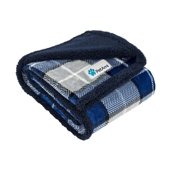 Plaid Navy Blue Soft Sherpa Fleece Dog Blanket for Medium Large Dogs and Cats