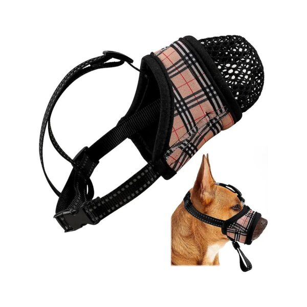 Plaid Nylon Puppy Pause Muzzle for Small Dogs with Adjustable Strap and Mesh Cover