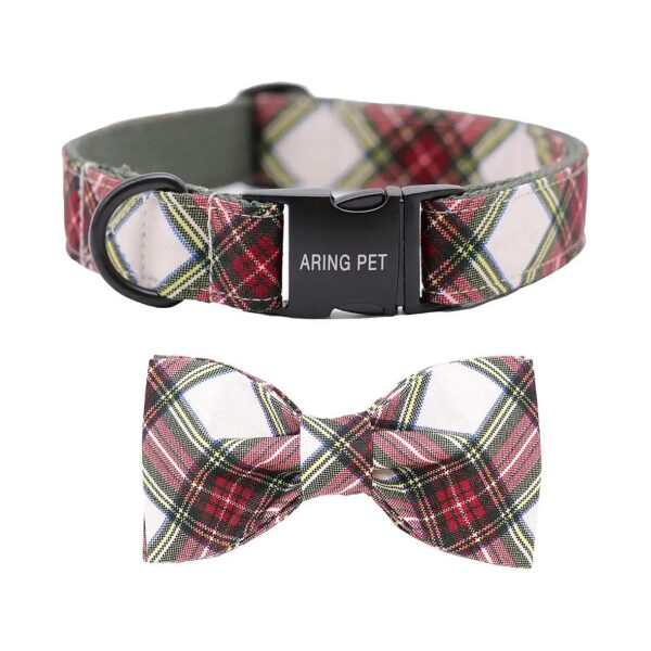 Plaid Red And Green Adjustable Dog Collar With Bow Tie And Durable Cotton Construction