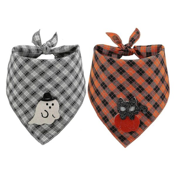 Plaid Triangle Scarf with Ghost and Cat Appliques for Small Medium Large Dogs