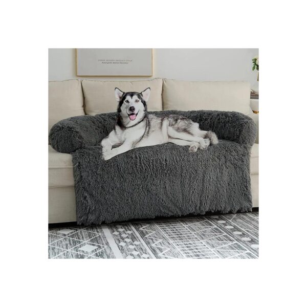 Plush Dog Couch Protector with Waterproof Lining and Non-Skid Bottom, Dark Grey