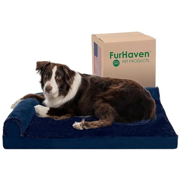 Plush and Velvet L-Shaped Chaise Memory Foam Dog Bed for Large and Medium Dogs