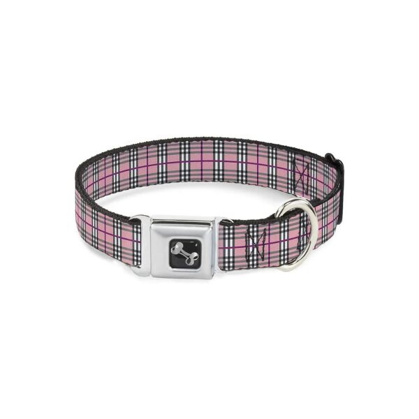 Polyester Plaid Pink Large Dog Collar with Seatbelt Buckle and 15-26 Neck Size