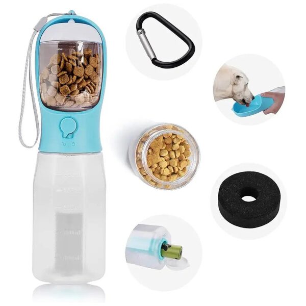 Portable Pet Travel Dog Water Bottle with Built-in Food Storage and Waste Bag