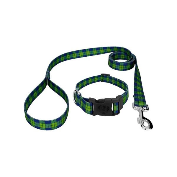 Premium 1-Inch Wide Adjustable Blue and Green Plaid Dog Collar Leash