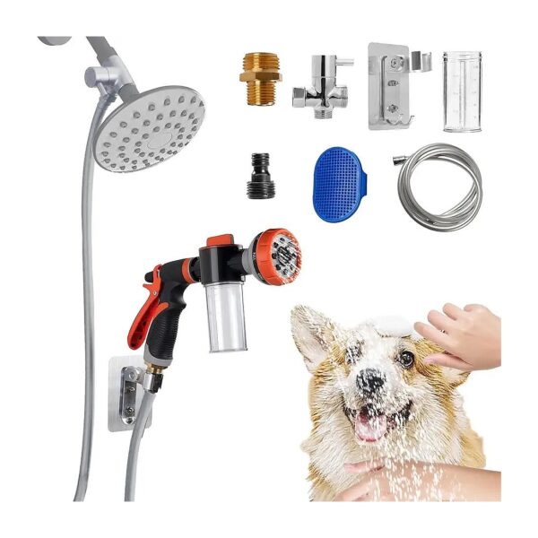 Premium Dog Shower Attachment with Adjustable Nozzle Settings and Soap Dispenser