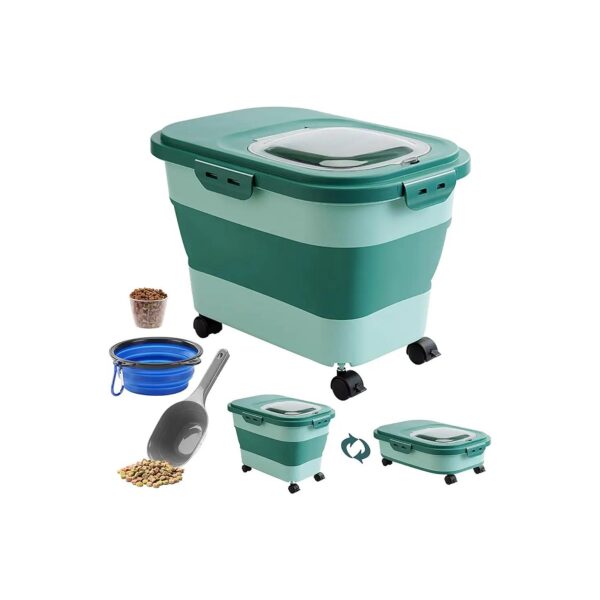 Premium Green Pet Food Storage Container with Rolling Wheel and Silicone Bowl