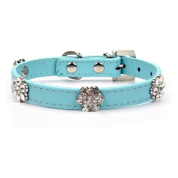 Pu Leather Blue Diamante Flower Adjustable Pet Collar for Small Dogs and Puppies