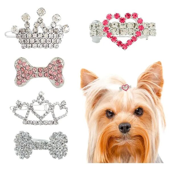 Puppy Crown Barrettes Dog Hair Bows Crystal Rhinestone Jewelry Set of 5 for Small Dogs