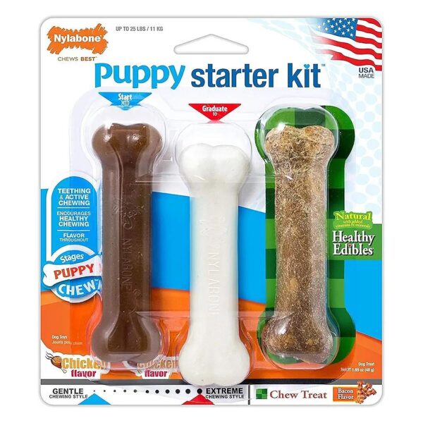 Puppy Starter Kit with 3 Pieces of Bacon Flavor Teething Toys